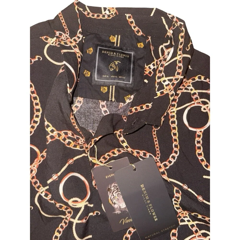 Denim & Flower Ricky Singh Button Up Shirt Chain Print Black XL New